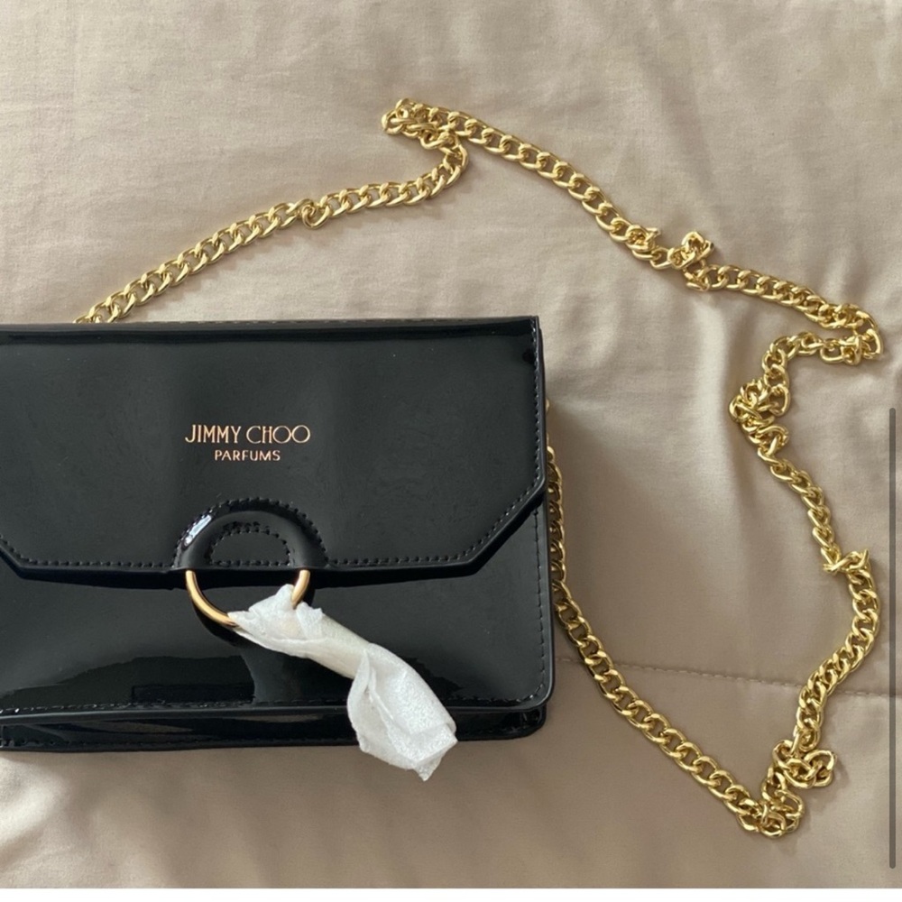 👜Black Jimmy Choo Parfums over the shoulder purse with gold chain strap! - Picture 3 of 7
